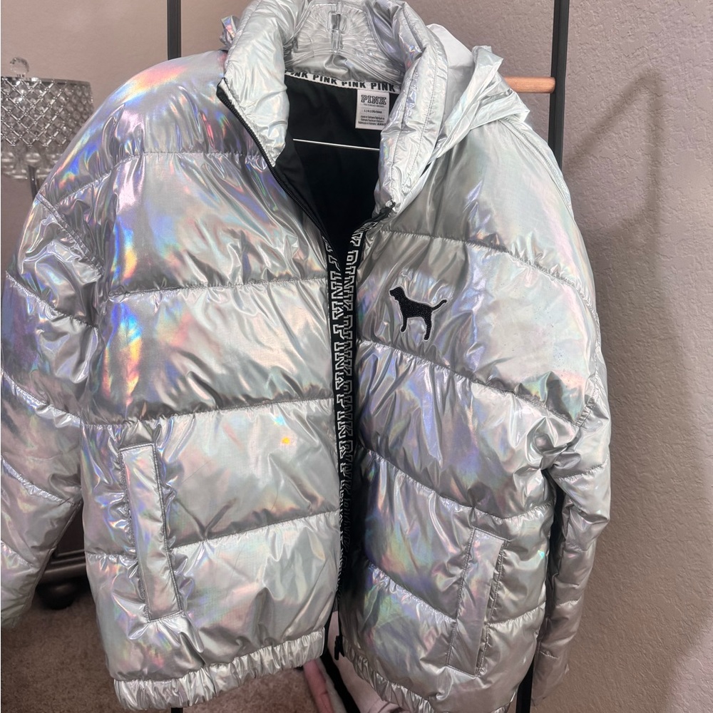Pink limited edition fashion show 2017 puffer silver jacket. New with tags.